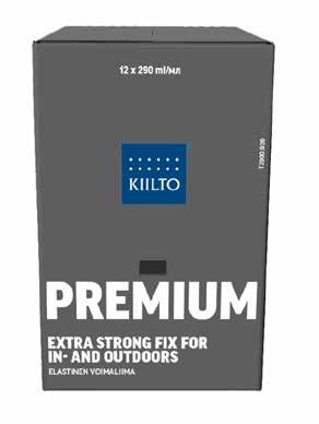 KIILTO PREMIUM ELASTINEN VOIMALIIMA Erittäin hyvän alkutartunnan omaava, elastinen voimaliima puun, betonin, kiven ja lasin sekä eri metallien ja muovien liimauksiin.