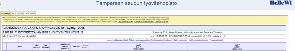 Läsnäolot merkitään klikkaamalla henkilön kohdalta päivämäärää. Merkintä näkyy vihreänä numerona.