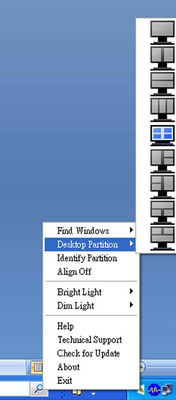 Exit (Lopeta) Sulkee Desktop Partition (Työpöydän osio) ja Tune Display (Näytön säätö). Aloittaaksesi uudelleen, käynnistä Display Tune (Näytä sävelmä) käynnistysvalikosta tai pikavalinta työpöydällä.