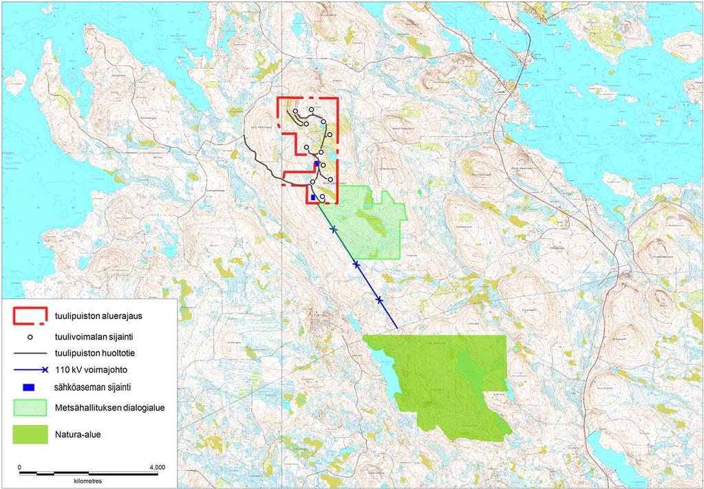 FCG SUUNNITTELU JA TEKNIIKKA OY Ailangantunturin tuulipuisto 9 (17) Kuva 2. Hankealuetta lähimmän Ottavaaran Natura alueen sijainti. 3.2 Hankkeen kuvaus 3.2.1 Tekninen kuvaus ja tarkasteltavat vaihtoehdot Ailangantunturin suunniteltu tuulipuisto koostuu 11 tuulivoimalasta.