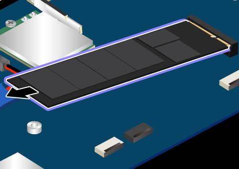 6. Irrota M.2 SSD -asema. 7. Aseta uusi M.2 SSD -asema liitäntäreuna edellä korttipaikkaan. Työnnä M.2 SSD -asema varovasti korttipaikkaan noin 20 asteen kulmassa. Käännä M.