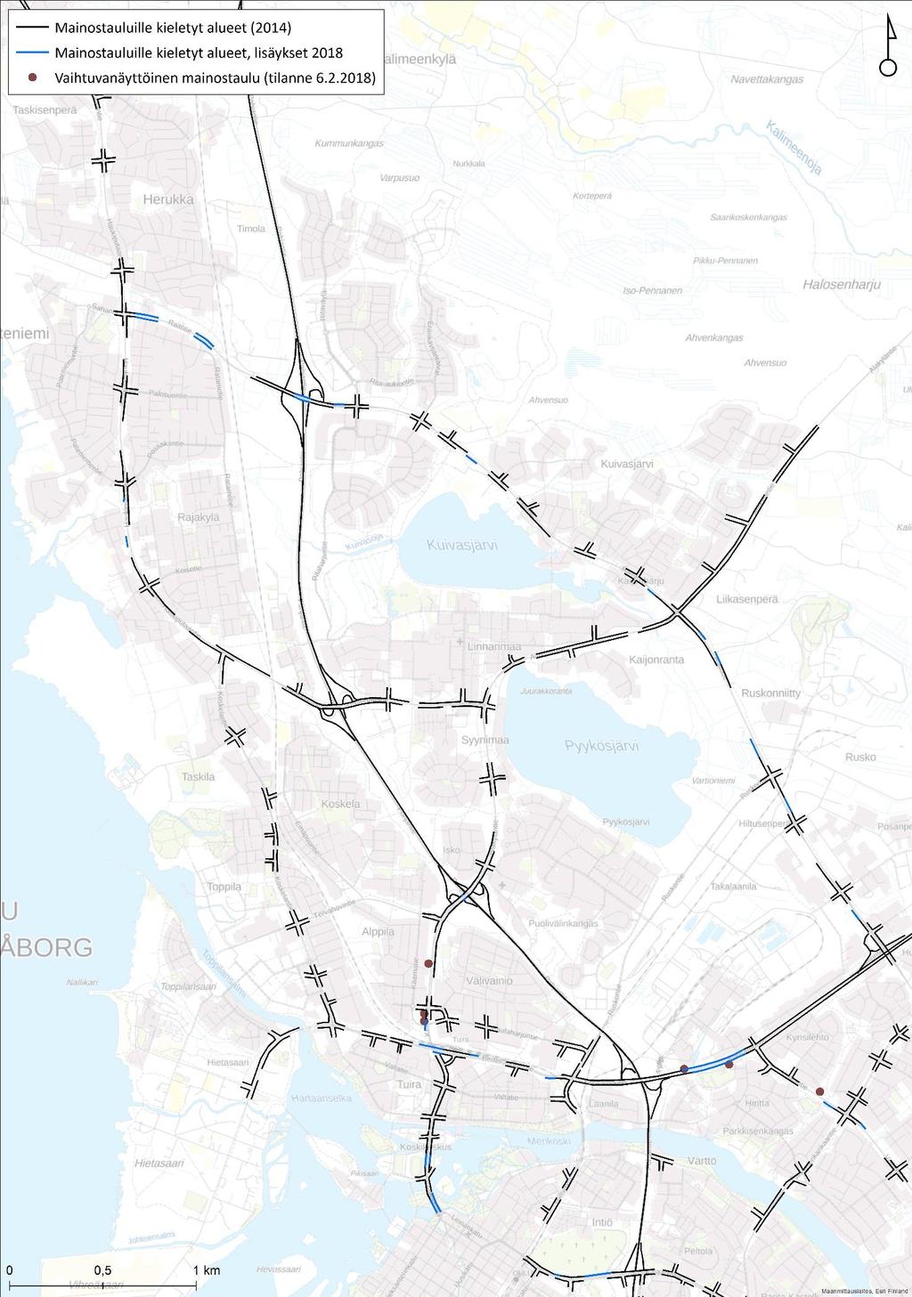 Tienvarsimainoksilta kielletyt tie- ja katujaksot (ei koske rakennuksissa ja tonteilla