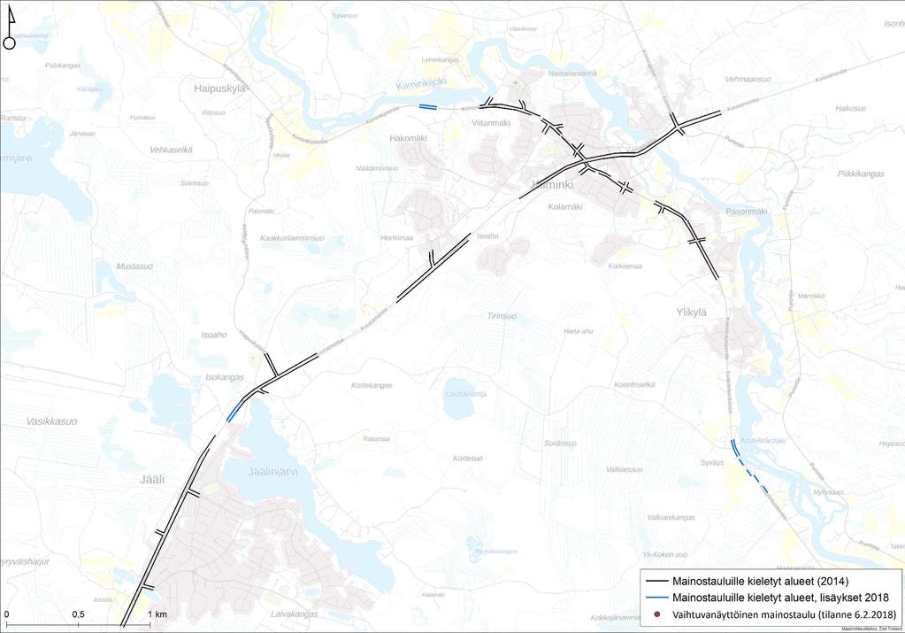 Tienvarsimainoksilta kielletyt tie- ja katujaksot (ei koske rakennuksissa ja tonteilla