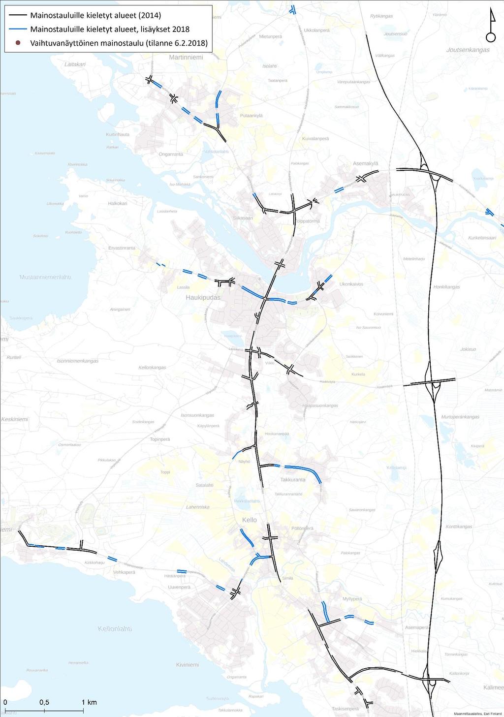 Tienvarsimainoksilta kielletyt tie- ja katujaksot (ei koske rakennuksissa ja tonteilla