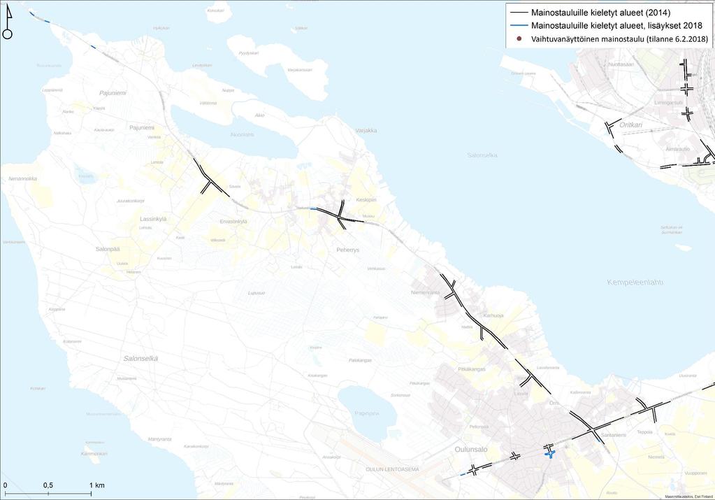 Tienvarsimainoksilta kielletyt tie- ja katujaksot (ei koske rakennuksissa ja tonteilla