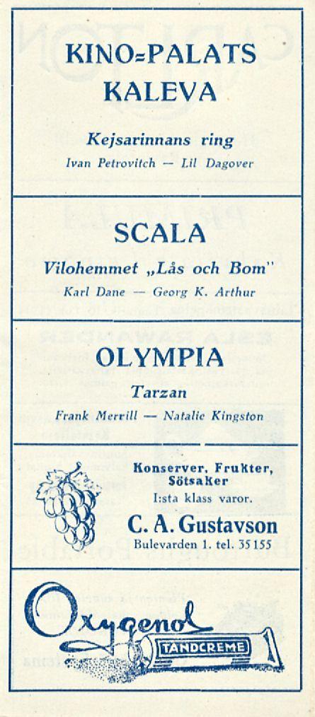 Natalie LH KINOsPALATS KALEVA Kejsarinnans ring Ivan Petrovitch Dagover SCALA Vilohemmet Lås och Bom" Karl Dane Georg K.