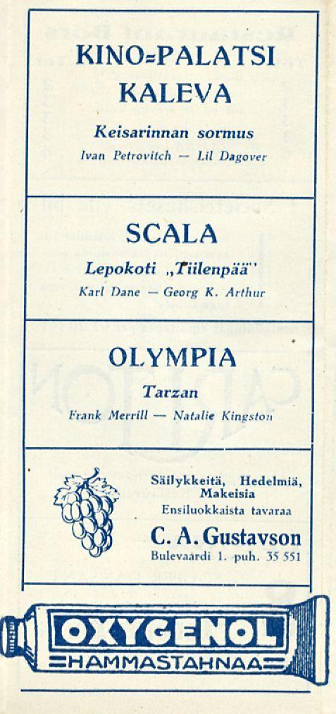 Georg Natalie IM KINOPALATSI KALEVA Keisarinnan sormus Ivan Petrovitch Dagover SCALA Lepokoti Tiilenpäa' Karl Dane K.