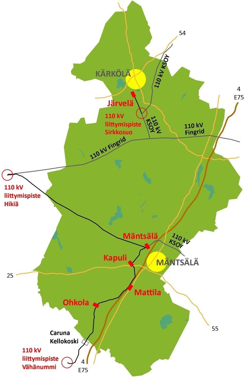 45 5. LOISTEHOTILANNE NEOY:N SÄHKÖVER- KOSSA NEOY:lla on 3 liittymispistettä 110 kv:n verkkoon. 2 liittymispistettä on suoraan Fingridin kantaverkkoon ja 1 toisen verkonhaltijan, KSOY:n verkkoon.