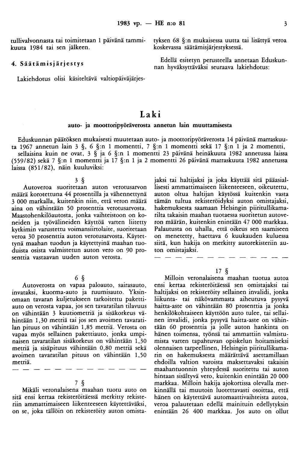 1983 vp. - HE n:o 81 3 tullivalvonnasta tai toimitetaan 1 päivänä tammikuuta 1984 tai sen jälkeen. 4.