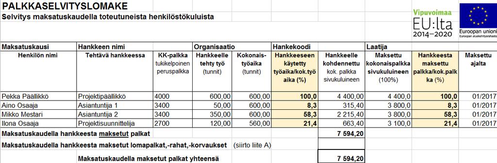 Palkkakustannusten raportointi- palkkaselvityslomake Koonti maksatuskauden palkoista henkilöittäin Huom!