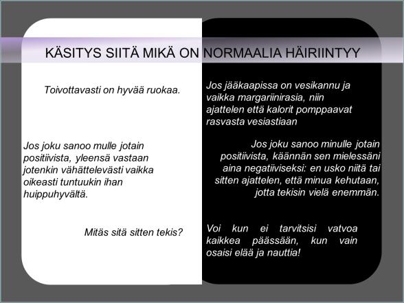 SYÖMINEN HÄIRIINTYY Mä voin herkutella tänään kun mulla on sellainen olo. Yksi suklaarusina ajattelen että musta tulee siitä vähintään 150- kiloinen.