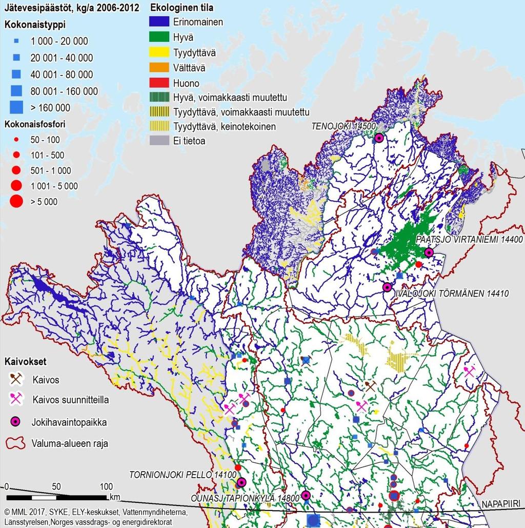 Ekologinen tila ja kuormitus Valuma-alueet FI, NO, SW, RU Ekologinen tila Jätevesipäästöt Suomessa Kokonaistyppi ja fosfori