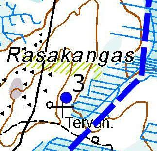 Turbiinipaikka 3 Kasvillisuuskuvaus: Mustikkatyypin (MT) tuore kangas, jossa on pituudeltaan 6 12-metrisiä mäntyjä.