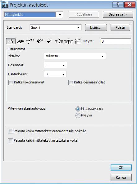 KO. - 2 2.2 Mittayksiköt 2.3 Laskentayksiköt & Säännöt Mitoituksessa käytettävät asetukset sisältävät mittayksikön, desimaalien määrän ja lisätarkkuuden sekä nollien näyttämisen.