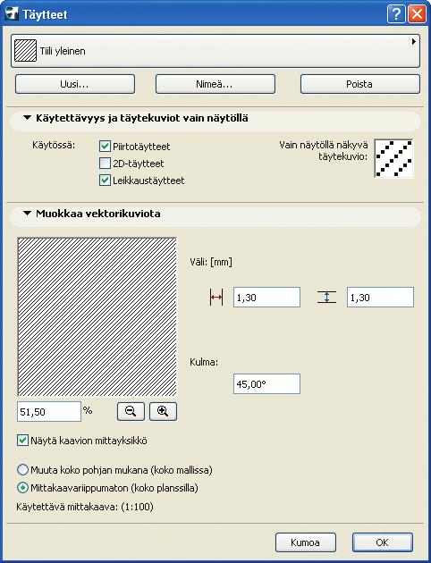 Muokattava täyte valitaan ylimmästä painikevalikosta. Uusi täyte luodaan osoittamalla painiketta Uusi.