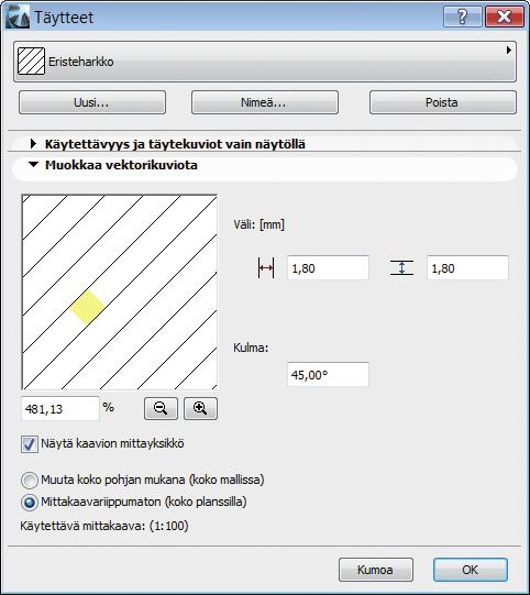 KO. - 9 5.3.2 Muokkaa vektorikuviota / Muokkaa symbolikuviota / Täytetekstuuri Ikkunan alaosa käsittelee täytteen vektori-, symboli tai tekstuurikuvaesitystä, riippuen täytteen tyypistä. 5.3.3 Symbolikuvion luominen leikepöydältä Vektoriesitykset voivat olla mittakaavattomia tai mittakaavallisia.