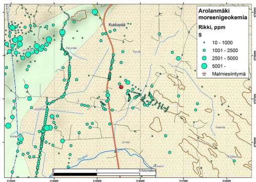 GEOLOGIAN TUTKIMUSKESKUS Raportti 59/2017 8 Arolanmäen alueen pohjamoreenin rikkipitoisuus. Peruskartta Maanmittauslaitoksen Maastotietokannan 20