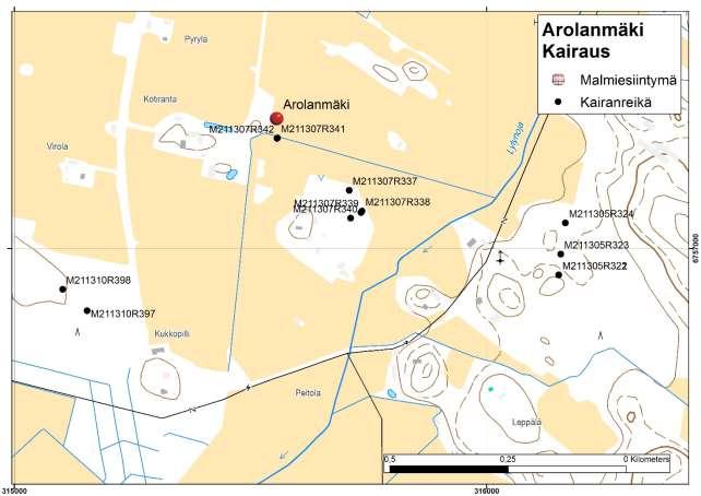 GEOLOGIAN TUTKIMUSKESKUS Raportti 59/2017 12 Arolanmäen alueen kairanreikien sijainti.