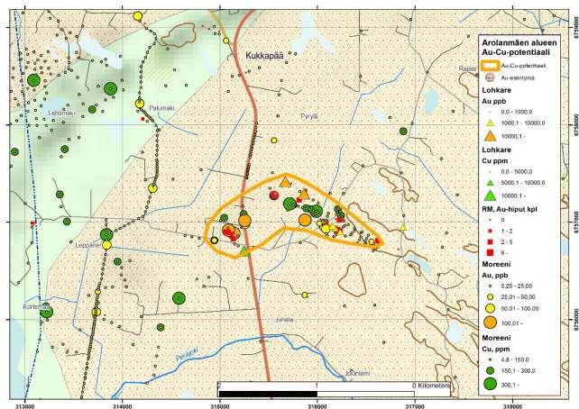 GEOLOGIAN TUTKIMUSKESKUS Raportti 59/2017 15 kairauslävistykset R341: 1m @1,63 ppm Au, ja R342: 1m @1,48 ppm Au.