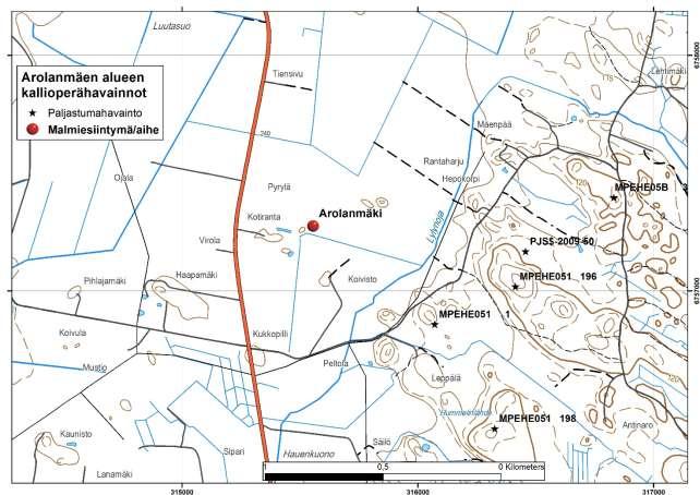 GEOLOGIAN TUTKIMUSKESKUS Raportti 59/2017 3 granitoideihin kuuluva ovaalin muotoinen intruusio, joka on kemiallisen koostumuksen perusteella luokiteltu peralumiiniseksi (Mäkitie ym. 2016).