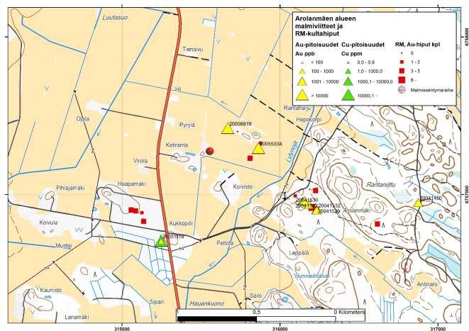 GEOLOGIAN TUTKIMUSKESKUS Raportti 59/2017 5 Arolanmäen alueelta kansannäytteinä tulleet malmiviitteet ja GTK:n montutuksen raskasmineraalitutkimusten tulokset.