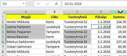 o EPÄJATKUVA ALUE Epäjatkuvia alueita valitaan pitämällä ctrl-näppäintä pohjassa valintojen välillä o o Koko työkirjan valinta rivi- ja sarakeotsikoiden yhtymäkohdasta