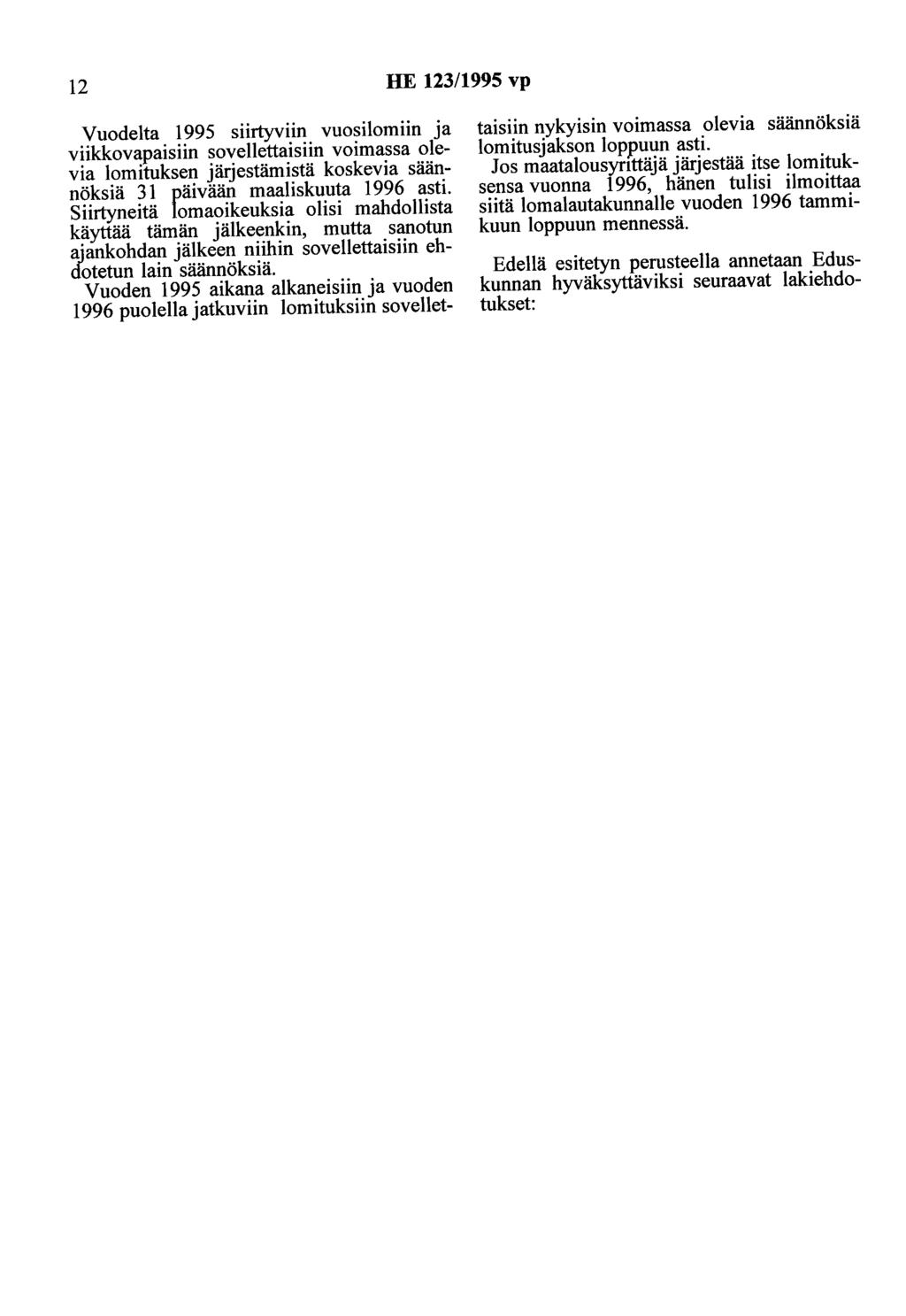 12 HE 123/1995 vp Vuodelta 1995 siirtyviin vuosilomiin ja viikkovapaisiin sovellettaisiin voimassa olevia lomituksen järjestämistä koskevia säännöksiä 31 päivään maaliskuuta 1996 asti.