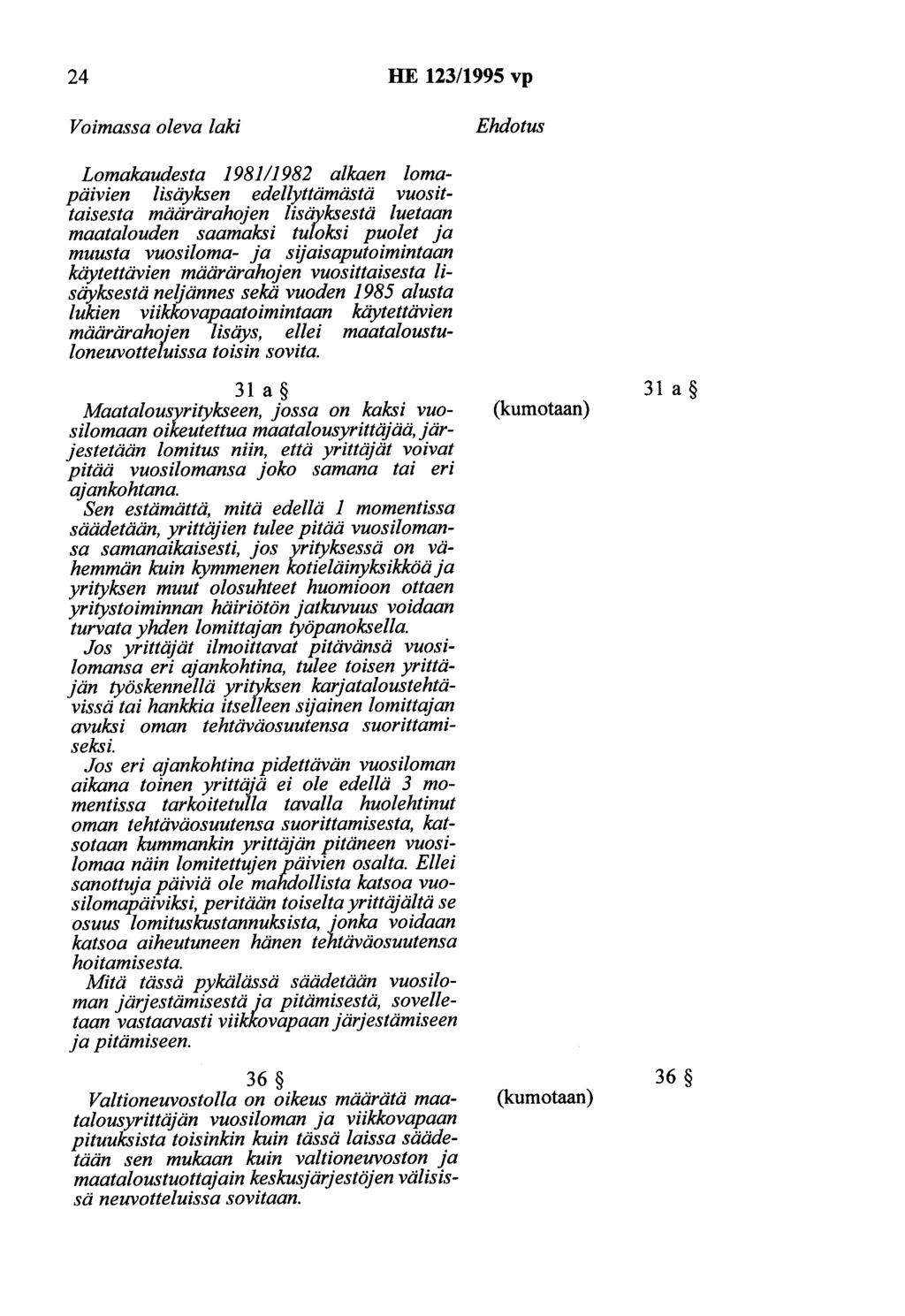 24 HE 123/1995 vp Voimassa oleva laki Ehdotus Lomakaudesta 1981/1982 alkaen lomapalvlen lisäyksen edellyttämästä vuosittaisesta määrärahojen lisäyksestä luetaan maatalouden saamaksi tuloksi puolet ja