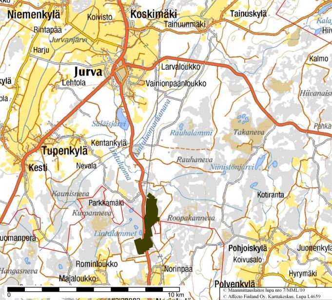 11(48) Hankealueen pohjoisreunalta on matkaa Jurvan taajamaan noin 7 km ja eteläreunasta Teuvan kuntakeskukseen noin 19 km.