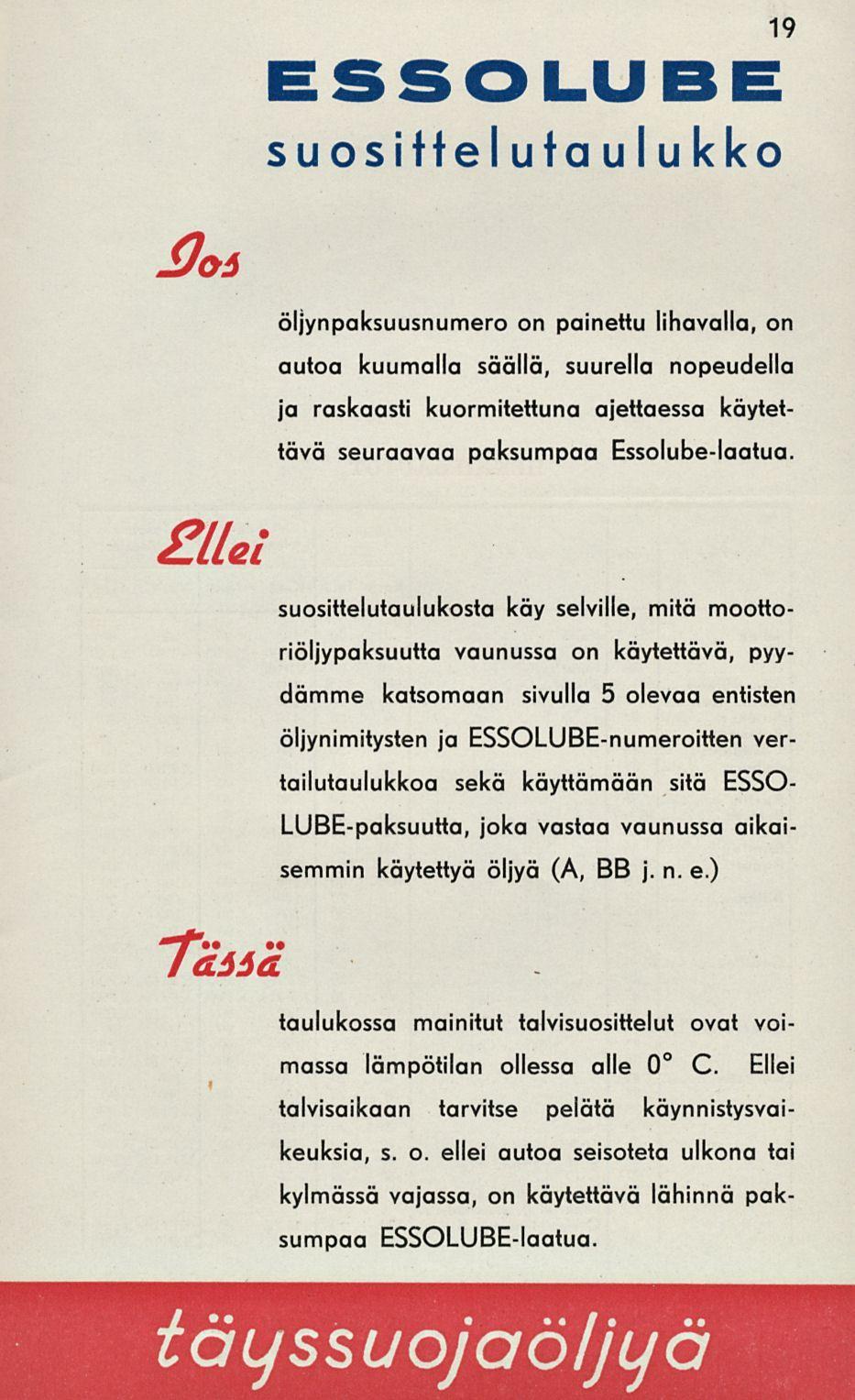 19 ESSOLUBE suosittelutaulukko Doi öljynpaksuusnumero on painettu lihavalla, on autoa kuumalla säällä, suurella nopeudella ja raskaasti kuormitettuna ajettaessa käytettävä seuraavaa paksumpaa