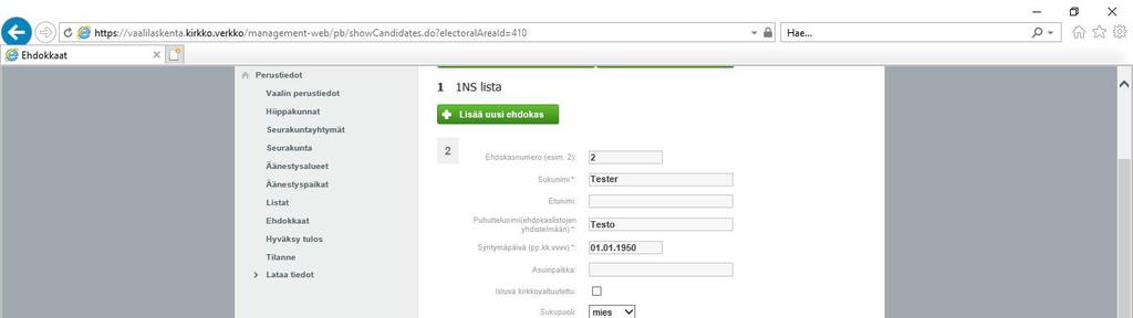 3. Valitse Lisää uusi ehdokas. 4. Lisää kaikki ehdokkaat. Voit syöttää ehdokkaan tiedot ilman ehdokasnumeroa ja täydentää numeron myöhemmin. a.