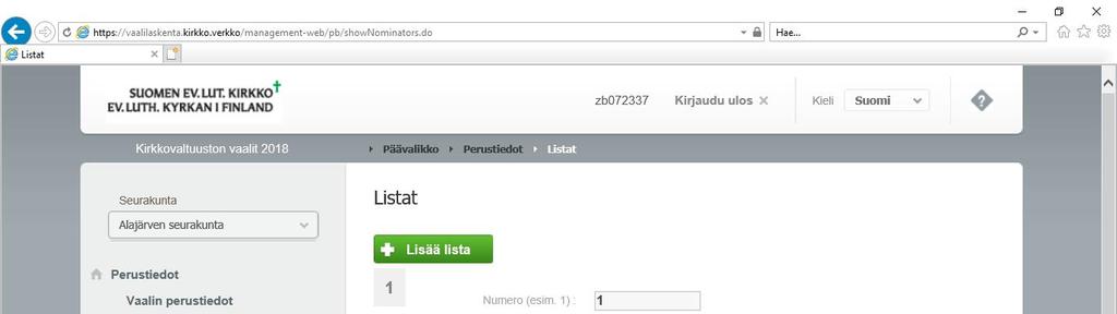 1. Siirry Päävalikko Perustietojen tarkistus Seurakunta Listat 2. Tarkasta että valikon yläosassa näkyvässä kentässä on oikean seurakunnan nimi. 3.