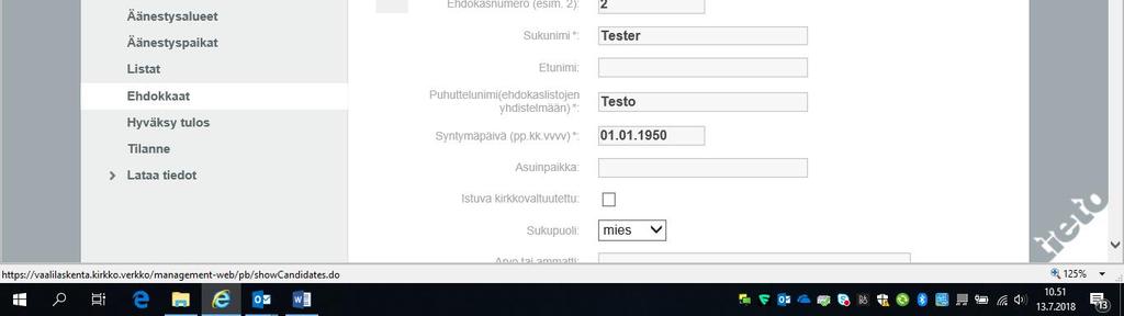 1. Siirry Päävalikko Perustietojen tarkistus Seurakunta Ehdokkaat 2. Tarkasta että valikon yläosassa näkyvässä kentässä on oikean seurakunnan nimi. 3.