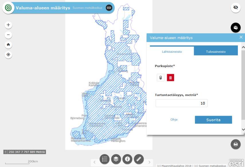 Valuma-alueen määritystyökalu Laskee pisteen yläpuoleisen valuma-alueen 2m/10m maanpintamallista