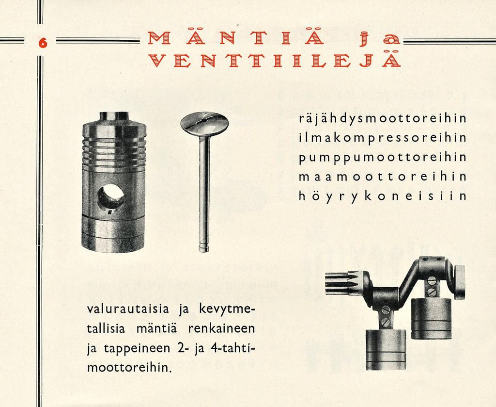 MÄNTIÄ Ja VENTTIILEJÄ räjähdysmoottoreihin ilmakompressoreihin pumppumoottoreihin maamoottoreihin