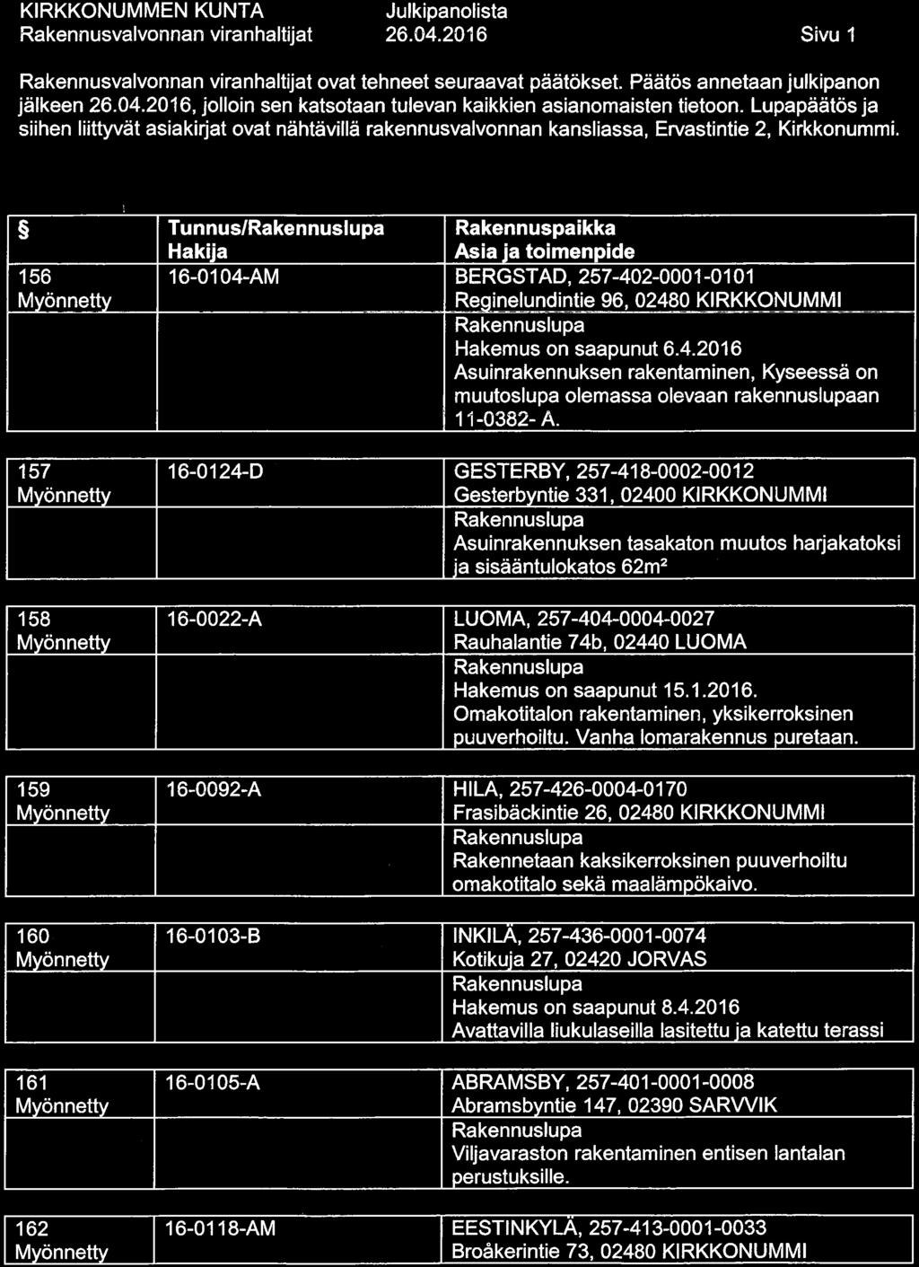 26.04.2016 Sivu 1 ovat tehneet seuraavat päätökset. Päätös annetaan julkipanon jälkeen 26. 04.2016, jolloin sen katsotaan tulevan kaikkien asianomaisten tietoon.