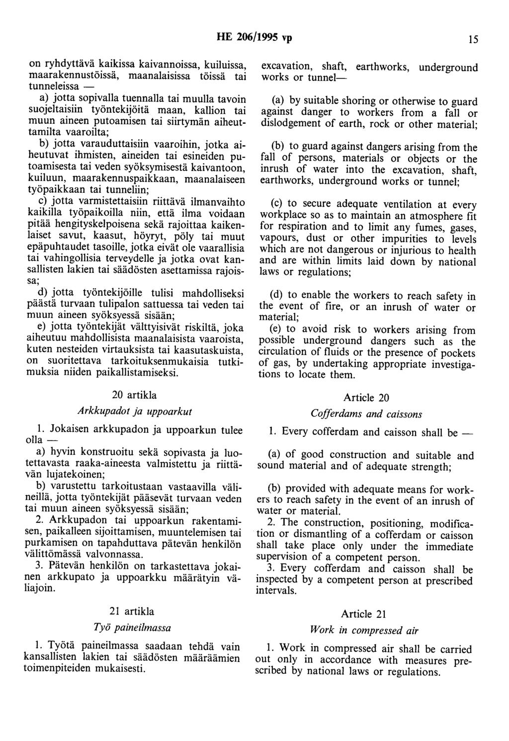 HE 206/1995 vp 15 on ryhdyttävä kaikissa kaivannoissa, kuiluissa, maarakennustöissä, maanalaisissa töissä tai tunneleissa - a) jotta sopivalla tuennalla tai muulla tavoin suojeltaisiin työntekijöitä