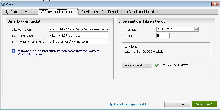 Visma.net asiakkuuden tiedot 2.5.2.3 Visma.net AutoReport Aktivoi AutoReport Visma.net AutoReport välilehdellä. Tämän lisäksi rekisteröi viestijono. Valitse lisäksi Viestijonokuuntelija on käytössä.