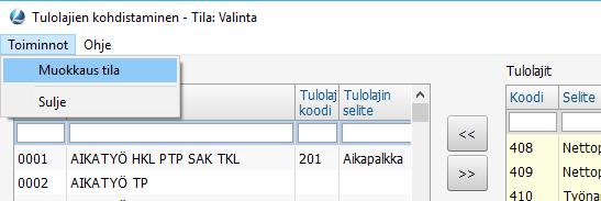 Valitse ensin tuplaklikkaamalla Alalajin koodin selite -sarakkeesta Vapaa autoetu tai Käyttöautoetu ja valitse sitten tuplaklikkaamalla auton ikäryhmä.