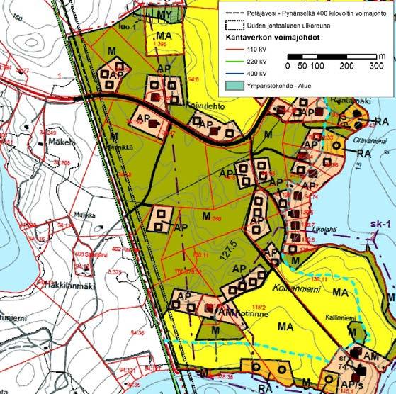 SELVITYS JOHTOALUEMUUTOKSEN 20.10.2017 5 (12) Kuva 3. Ote Kolkanlahden kyläyleiskaavasta (vasen kuva). Johtoalue on osoitettu kaavassa.