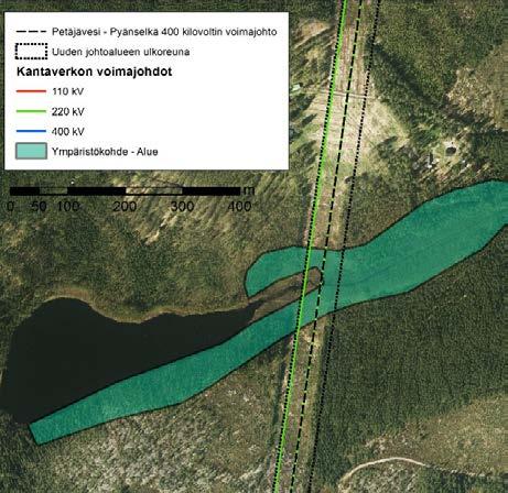 metriä ja nykyinen johtoalue sijoittuu jo alueiden poikki. Metsäinen ympäristö supistuu noin 2,5 ha. Hiisjärven alueiden pinta-ala on noin 1035 ha.