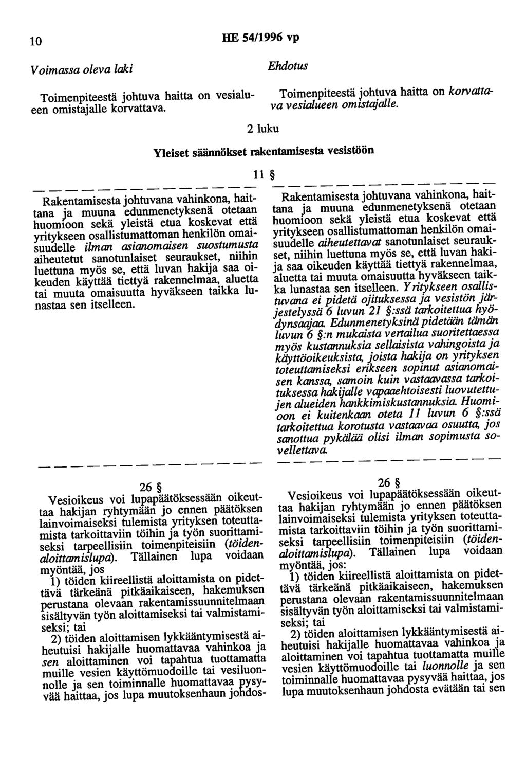10 HE 54/1996 vp Voimassa oleva laki Ehdotus Toimenpiteestä johtuva haitta on vesialueen omistajalle korvattava 2luku Yleiset säännökset rakentamisesta vesistöön 11 Toimenpiteestä johtuva haitta on