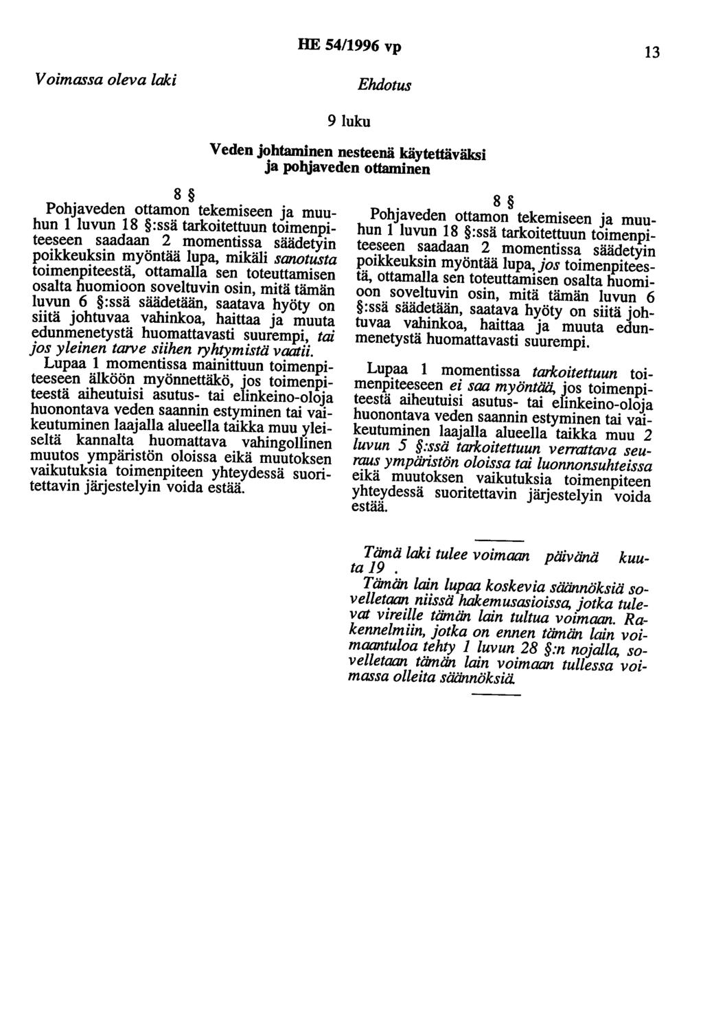HE 54/1996 vp 13 Voimassa oleva laki Ehdotus 9luku Veden johtaminen nesteenä käytettäväksi ja pohjaveden ottaminen 8 Pohjaveden ottamon tekemiseen ja muuhun 1 luvun 18 :ssä tarkoitettuun