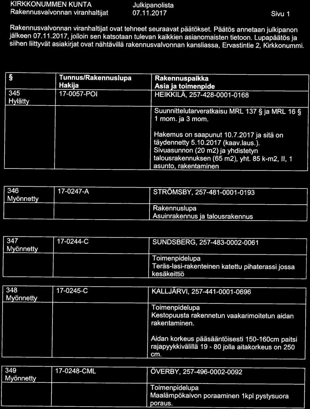 07. 11. 2017 Sivu 1 ovat tehneet seuraavat päätökset. Päätös annetaan julkipanon Jälkeen 07. 11 2017, jolloin sen katsotaan tulevan kaikkien asianomaisten tietoon.