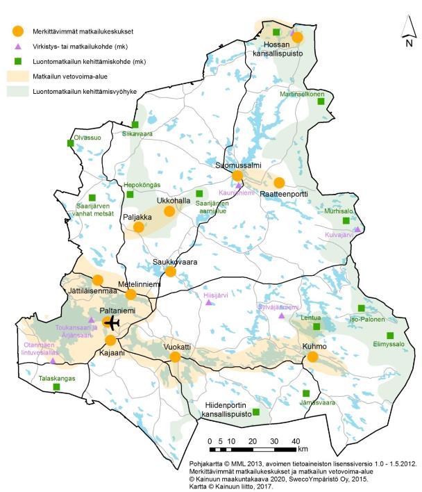 4 Kainuun matkailustrategiassa maakunta on jaettu seuraaviin matkailualueisiin: Vuokatti- Sotkamo, Oulujärven ja Kajaanin matkailualue, Ukkohalla-Paljakka-Ristijärvi, Hossan matkailupalvelut, Kuhmo