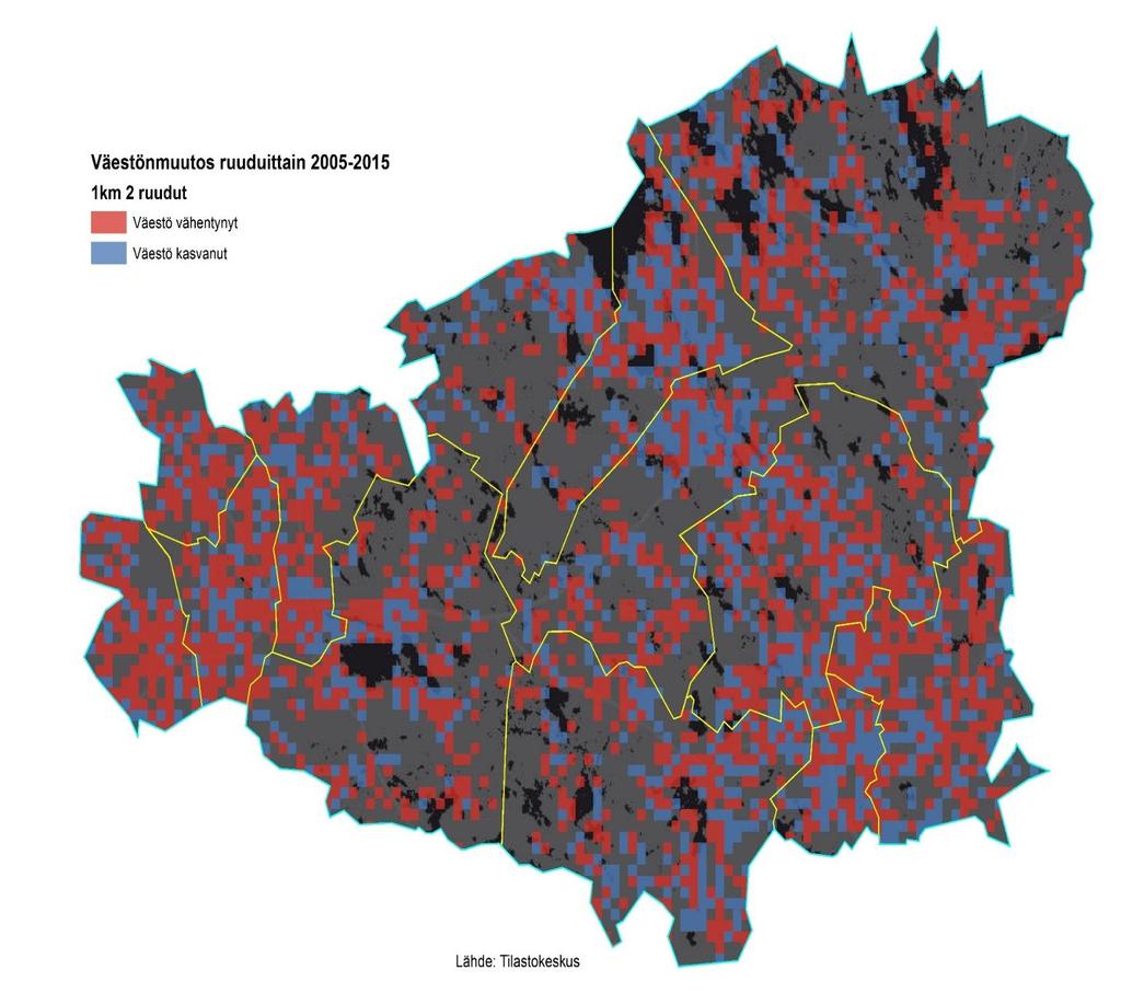 Viereinen kartta kuvaa Kanta-Hämeen väestönmuutosta paikkatietoanalyysin keinoin vuosina 2005-2015. Kanta-Hämeen maapinta-ala on jaettu 1 x 1 km tilastoruutuihin.