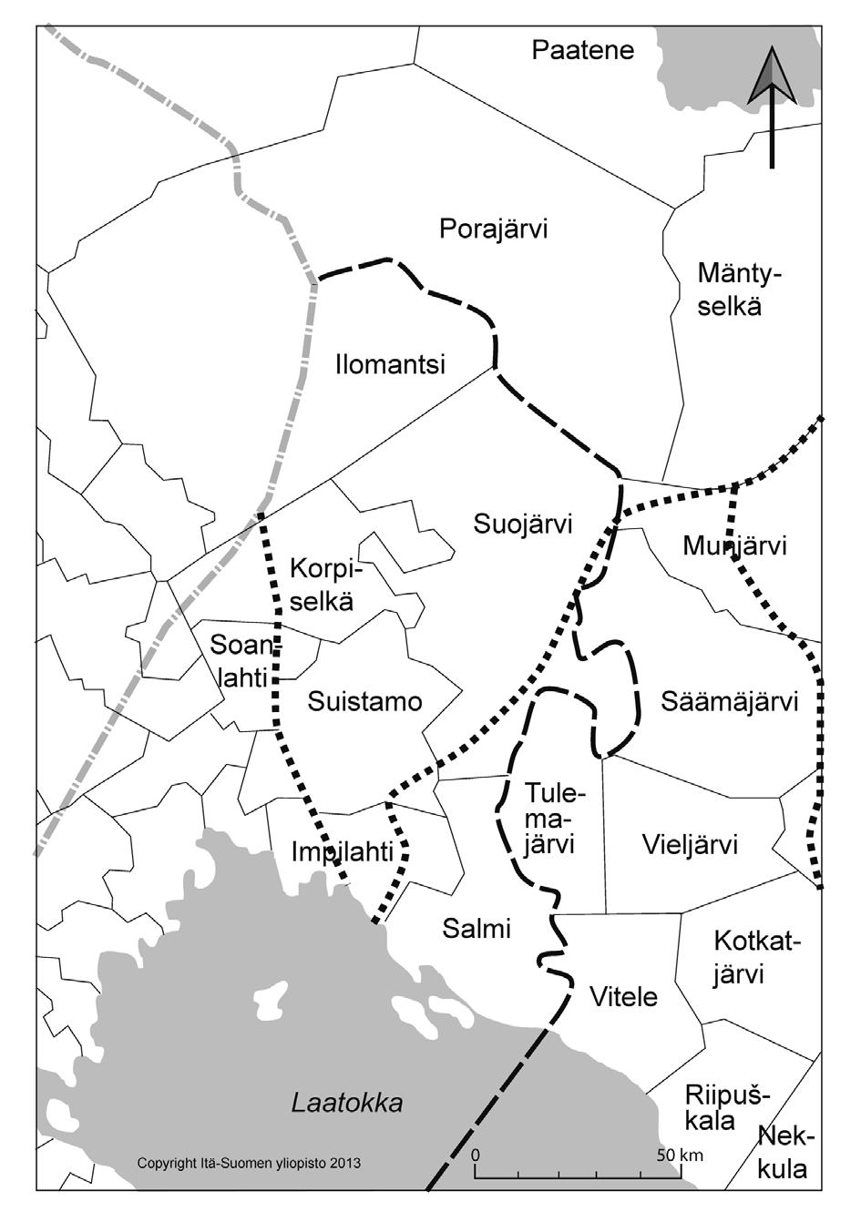 Uusitupa, Koivisto & Palander Raja-Karjalan murteet pohjoisemmaksi ja laajemmalle Laatokan ympäristöön.