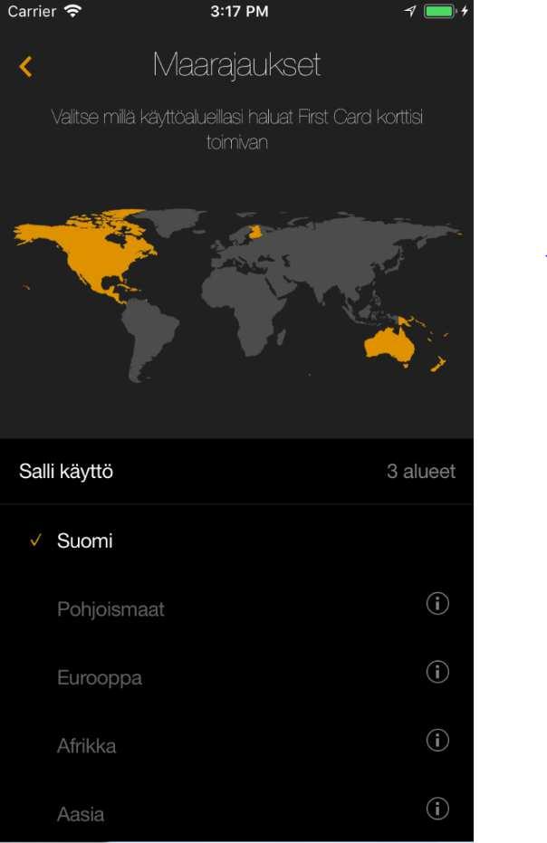 Maarajaukset: Toiminnossa voit asettaa maantieteellisiä rajauksia kortillesi alueittain. Sallitut alueet näkyvät valikossa ja kartalla aktiivisina.