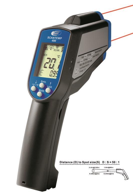 Tarkka infrapunamittari kalibrointitodistuksella Scan Temp 490 infrapunamittarissa on hyvä optiikka, kaksi laseria ja iso näyttö, jossa lukeman lisäksi näkyy min/max tai hälytys.