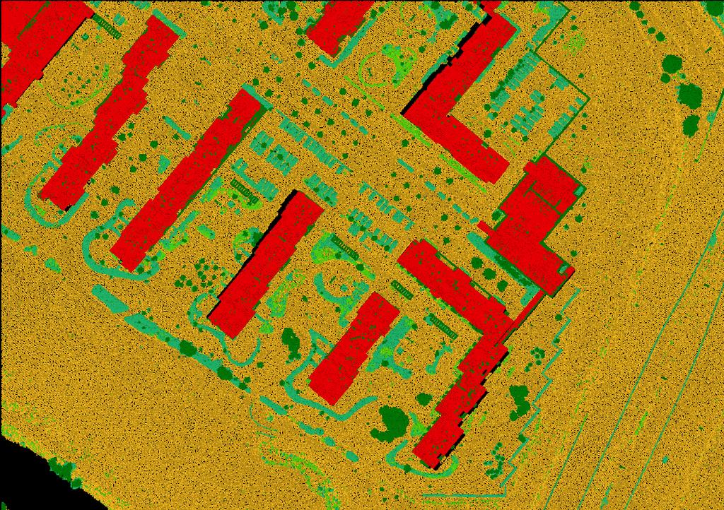 18 Kuva 9. Poikkileikkaus luokitellusta pistepilvidatasta. Punaisella rakennus, keltaisella maanpinta ja vihreällä kasvillisuus. Kuva 10. Luokiteltu pistepilvidata yläperspektiivistä.